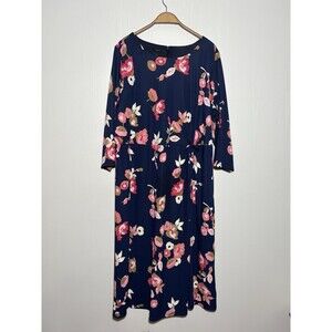 Talbots Midi Dress Womens 20W Blue Floral Print Faux Wrap 3/4 Sleeve Plus Ruched